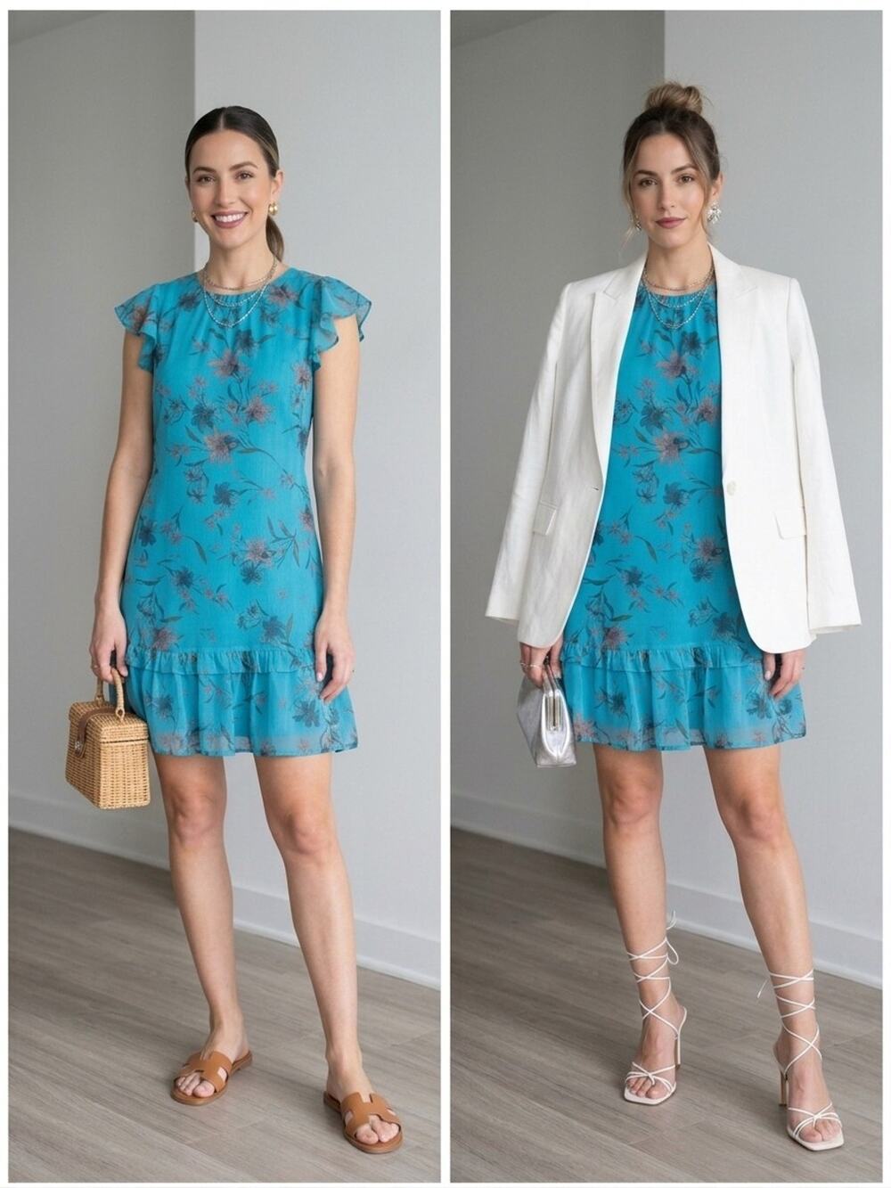 NWOT CeCe Teal Blue Floral Chiffon Flutter Sleeve Ruffle Hem Shift Dress Size-XS
